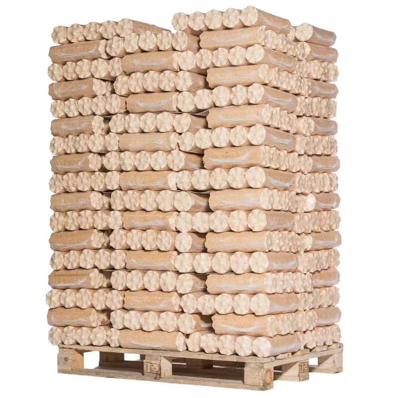 Palette de bûches compressées – 96 packs de 10 kg | Bois densifié longue durée